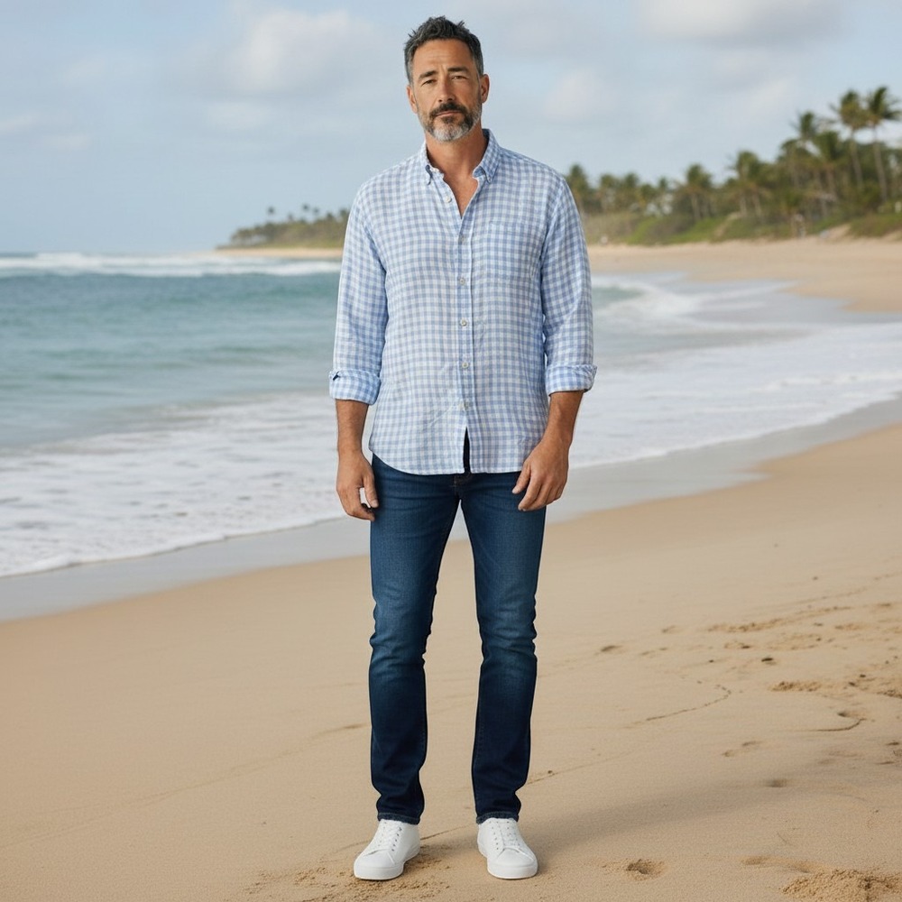 Tommy Bahama Relax Mens XL Linen Gingham Button Down Shirt Blue White LS